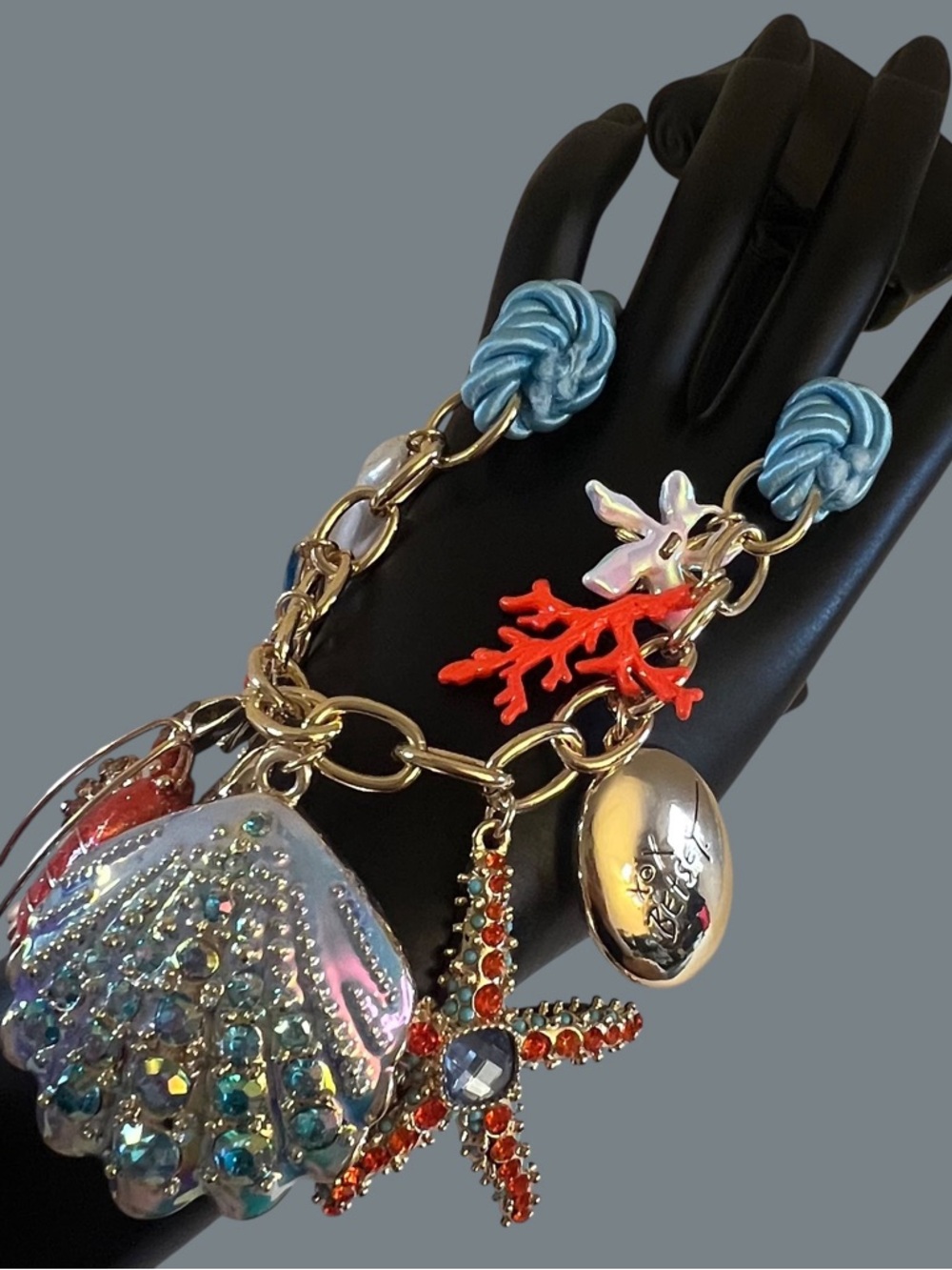 Betsey Johnson Blue Rope Necklace with Coral, Red and Iridescent Sea Charms - Picture 5 of 16